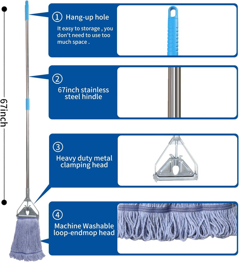 Midoneat Heavy Duty Loop End String Mop, 67Inch Stainless Steel Handle, Commercial Industrial Grade Mop for Floor Cleaning, 2 Packs - Image 2